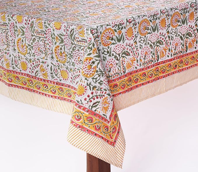 ATOSII Clover Yellow 100% Cotton Rectangle Fall Tablecloth, Handblock Floral Print Linen Table Cloth for Kitchen Dining I Parties, Outdoors, Christmas, Thanksgiving I 72 X 140 Inches I 12 Seater