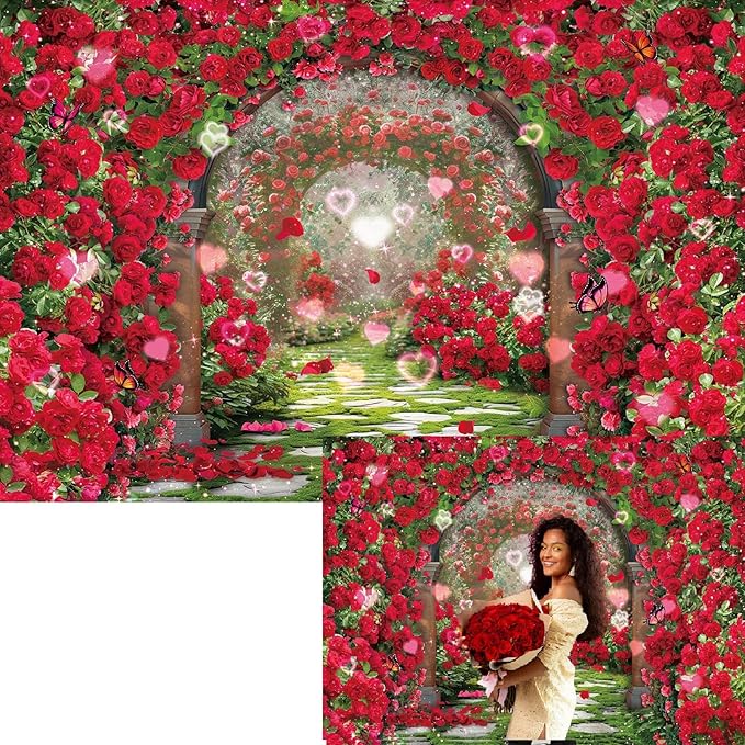 Valentines Day Flowers Garden Backdrops Red Rose Spring Floral Scene Photography Backdrop Girls Birthday Bridal Shower Wedding Party Decorations Banner Photo Booth Props (7x5FT(82 x 59 inch))