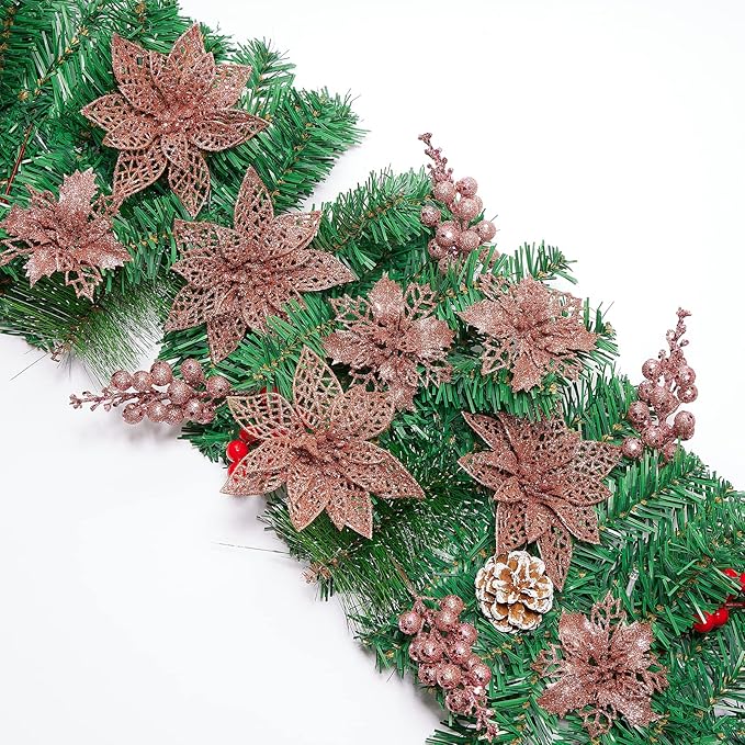 22Pcs Poinsettia Artificial Flowers and Glitter Berries Stems Kit, 16Pcs Christmas Tree Flowers Ornaments and 6 Pack Christmas Tree Picks for Wedding Holiday Decorations (Rose Gold)