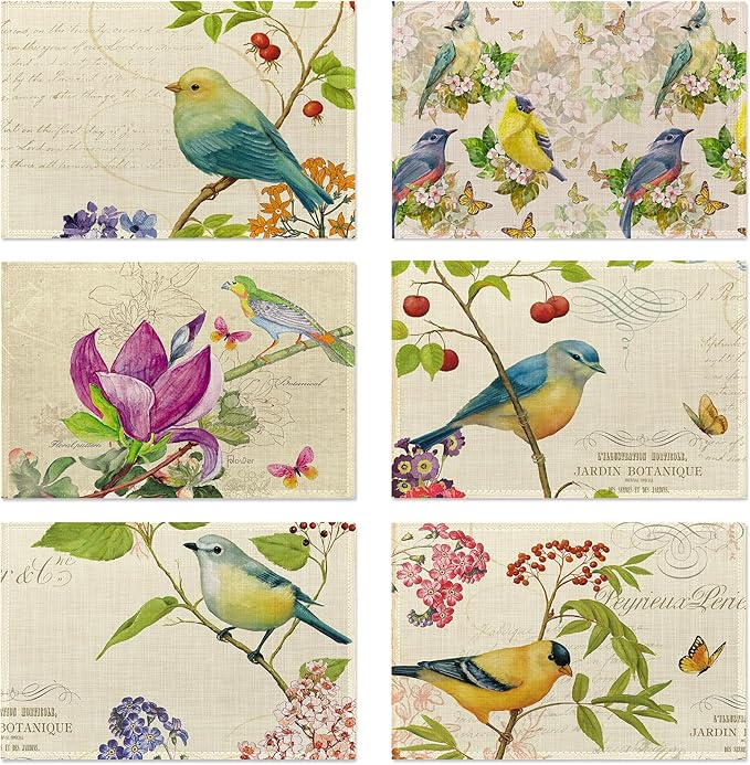 Bird Placemats Set of 6,Washable Heat Resistant Table Mats Vintage Place Mats for Kitchen Dining, Cozy Fall Winter Decor, Bird Floral Pattern