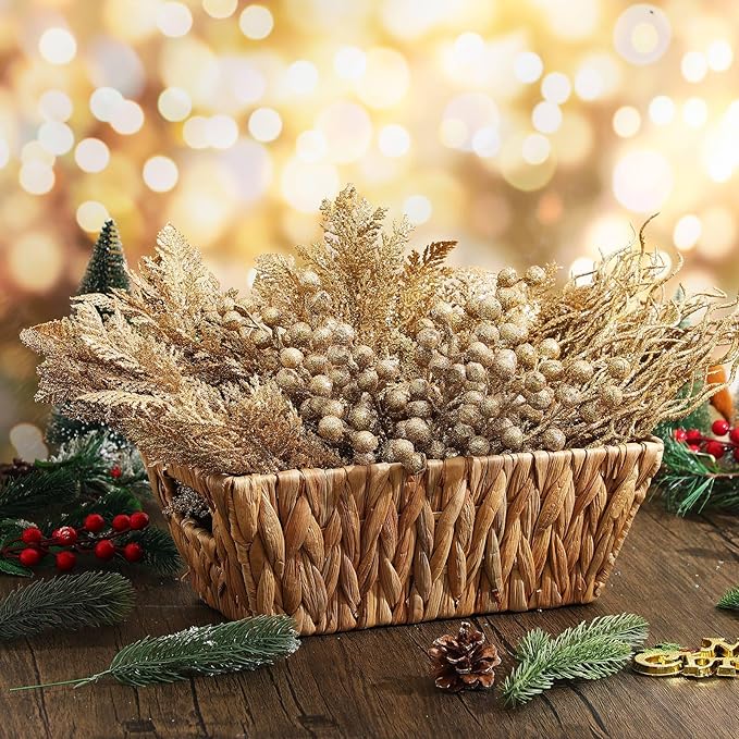75 Pcs Christmas Glitter Branches 3 Styles Artificial Christmas Picks Berries Stems Pine Needles Floral Twig Spray for Xmas Tree Ornaments DIY Wreath Garland(Light Gold)