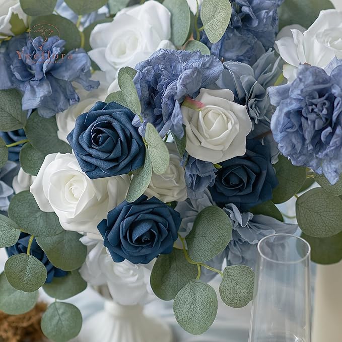Artificial Flowers, 50pcs Artificial Rose for DIY Wedding Bouquets Centerpieces Arrangements, Navy Blue Foam Roses with Stem for Bridal Shower Party Home Decorations