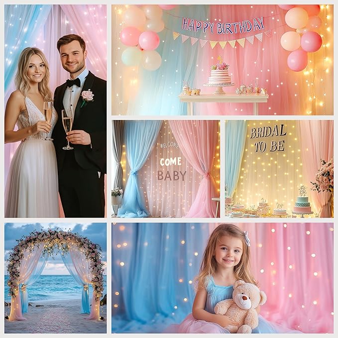 Tulle Curtain Backdrop with 300 LED Fairy Lights for Parites Wrinkle-Free Sheer Curtain Drapes Photo Back Drop for Wedding Baby Shower Bridal Shower Birthday Home Décor - 10ft×10ft, Pink Blue