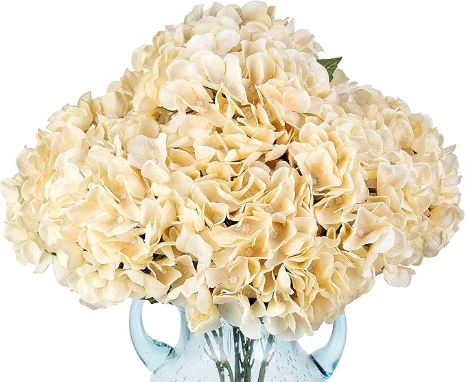 2Bouquets Artificial Fake Flowers Plants Silk Hydrangea Arrangements Wedding Bouquets Decorations Plastic Floral Home Kitchen Garden Party Festival Bar DIY (Cream,5 Flower Heads)
