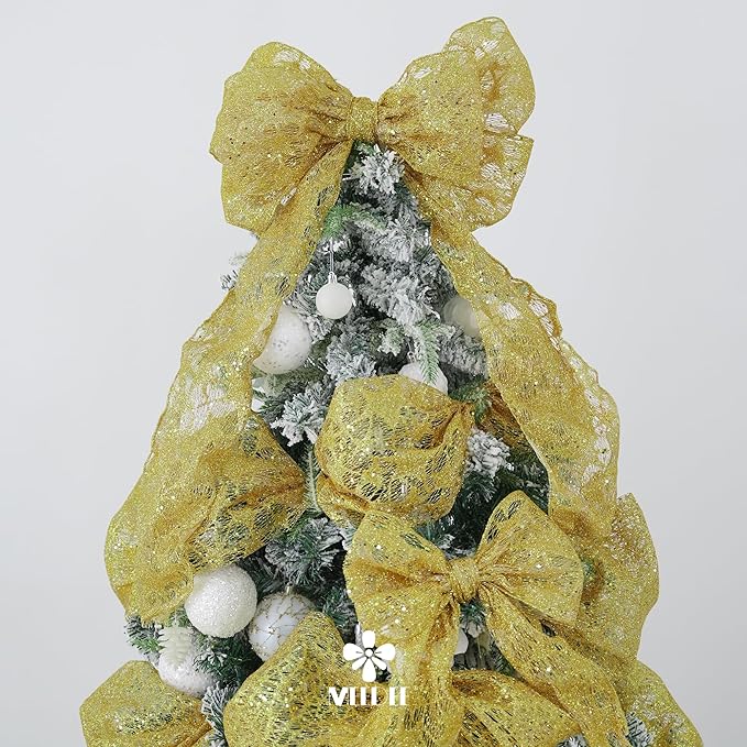 MEEDEE Gold Glitter Mesh Star Web Ribbon 10 Inch Wide by 10 Yards Roll Gold Mesh Fabric Ribbons Decorative Mesh Ribbon for Christmas Tree, Garland, Holiday Crafts, Wreaths, Bows, Home Decor