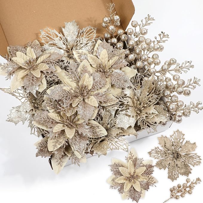 22 Pcs Champagne Christmas Poinsettia Artificial Flowers and Glitter Berries Stems Kit, Christmas Poinsettias Decorations and Christmas Tree Ornaments for Xmas Home Wedding Holiday Tree Decor
