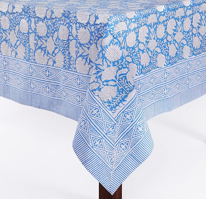 ATOSII Azora Blue 100% Cotton Rectangle Summer Tablecloth, Handblock Floral Table Cloth for Dining Table I Parties Wedding Outdoors I Grand Millennial Decor 60 X 108 Inches I 8 Seater Memorial Day