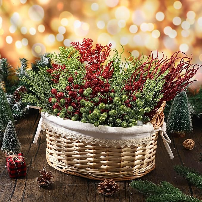 75 Pcs Christmas Glitter Branches 3 Styles Artificial Christmas Picks Berries Stems Pine Needles Floral Twig Spray for Xmas Tree Ornaments DIY Wreath Garland(Red, Green)