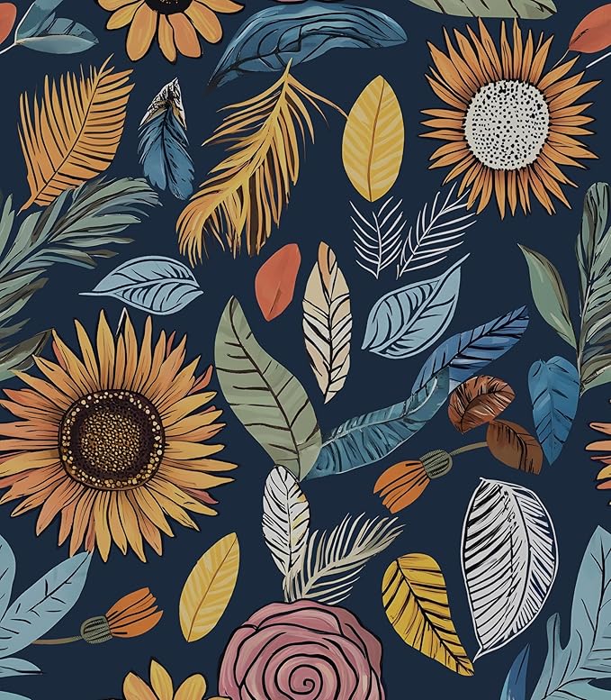 Blue Boho Wallpaper Peel and Stick,Vintage Floral Contact Paper 17.5" x 118", Retro Paisley Flower Botanical Wall Paper Self Adhesive Removable Waterproof for Bathroom Shelves Cabinet Table Decoration
