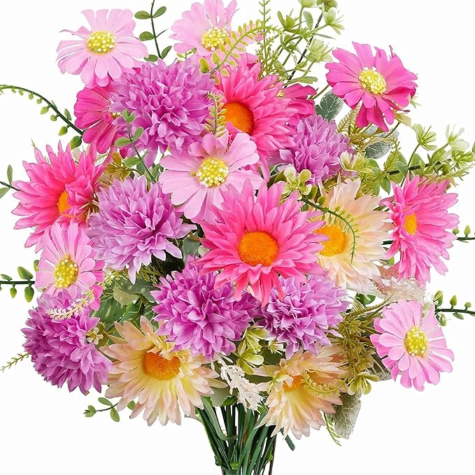 Daisy Flowers Artificial Silk Gerbera Daisy Fake Outdoor Bouquet Realistic Bulk WildFlowers Sunflower Bushes Pink Floral Arrangements Fall Cemetery Flowers for Grave Funeral Garden Home Multicolor