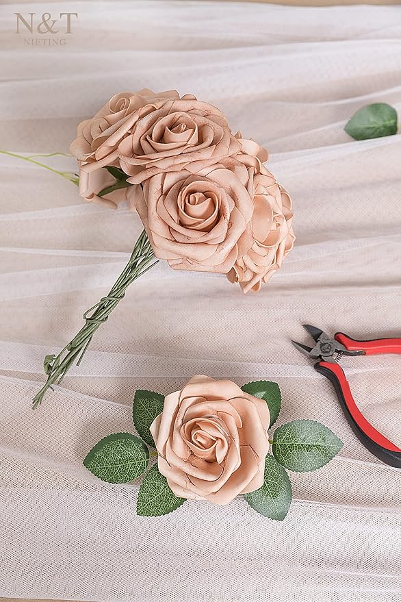 N&T NIETING Artificial Flowers, 25pcs Foam Roses Fake Flowers for DIY Wedding Bouquet Party Baby Shower Decoration, Home Display, Dusty Brown