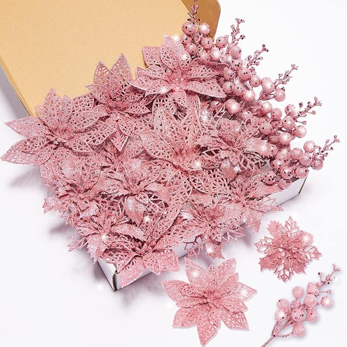 22-Piece Christmas Poinsettia Artificial Flower and Glitter Berries Kit with Tree Ornaments and Picks for Holiday Decor