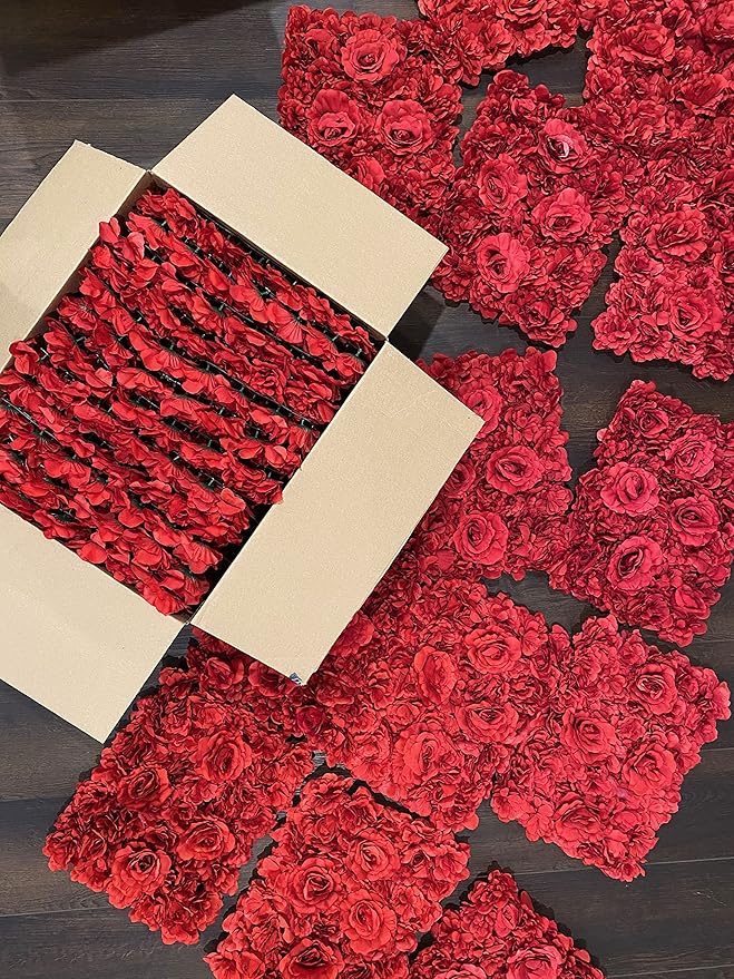 Blush Blooms Decor Flower Panels for Flower Wall (6 Pack) 24 Inch by 16 Inch Each | Flower Wall, Backdrop, Weddings, Event Decor, Bridal & Baby Shower, and Photography Décor (Red)