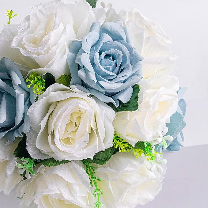 Wedding Bouquets for Bride - Realistic Silk Flowers Artificial Roses, 8 Inch Bridesmaid Bouquet for Ceremony, Church, Anniversary, and Home Decoration (White & Blue)