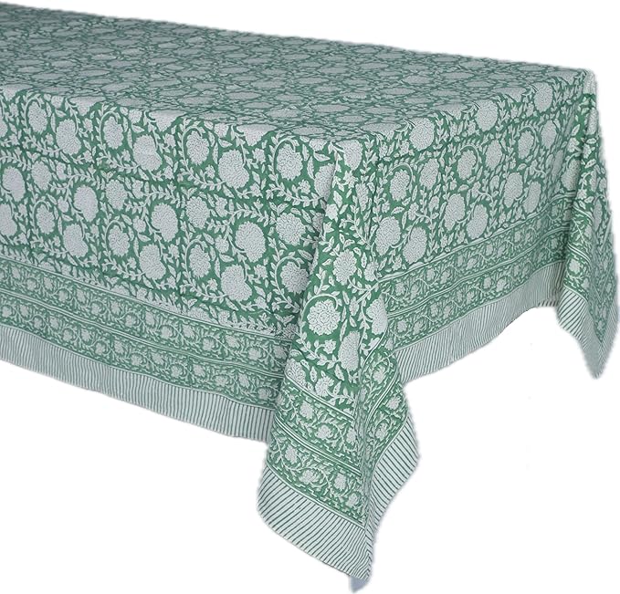ATOSII Shalimar Green 100% Cotton Rectangle Spring Tablecloth, Handblock Floral Print Linen Table Cloth for Kitchen Dining I Parties, Outdoors, Weddings, Easter Holidays I 72 X 108 Inches I 8 Seater