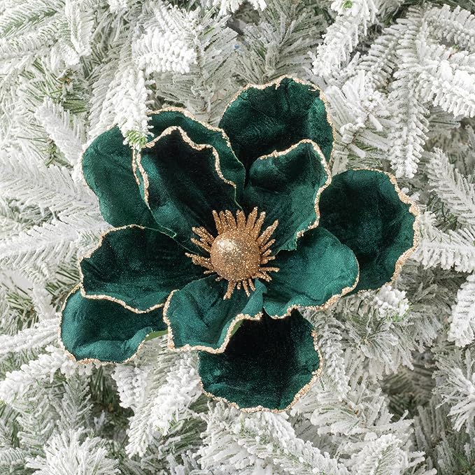 KI Store Dark Green Christmas Poinsettia Flower Set of 6 Large Artificial Velvet Magnolia Flower Picks Stems for Xmas Tree Decorations