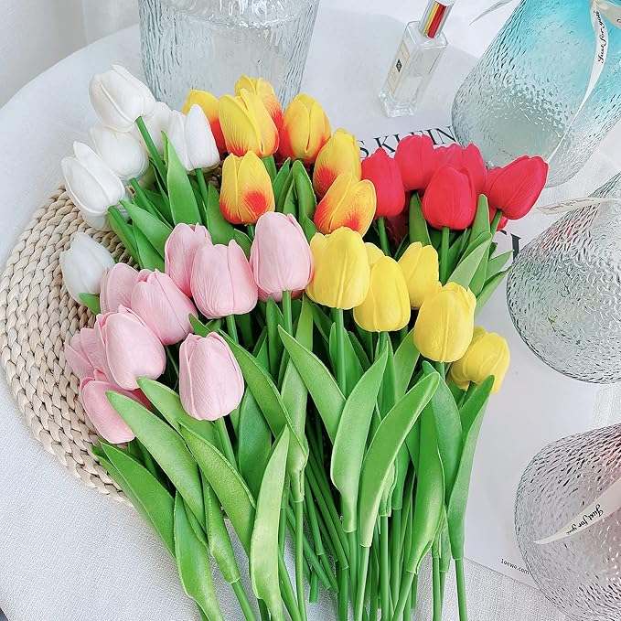 UKELER 24 Pcs Fragrant Red Flowers 13.5" Tall Artificial Tulip Flowers for Home Kitchen Wedding Decorations Tulip Wreath Arrangement