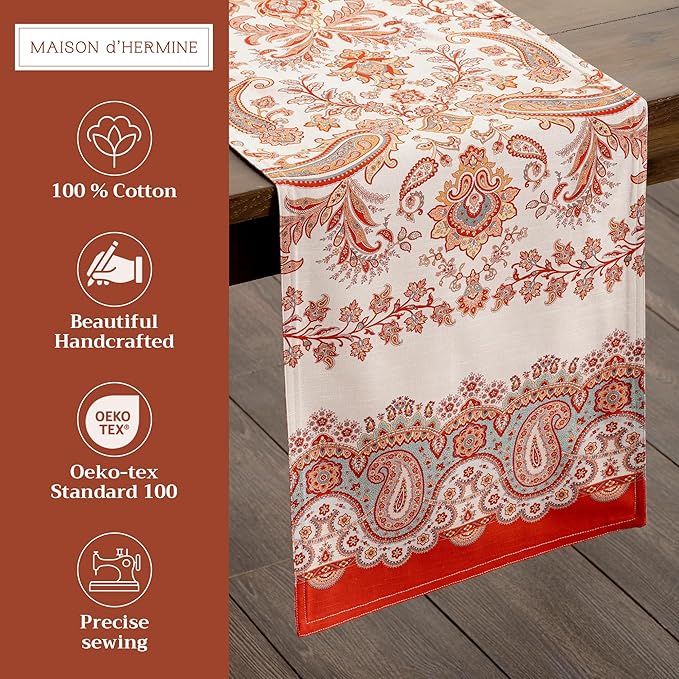 Maison d' Hermine Table Runner 100% Cotton Double Layer Table Runners 72 inches Long for Thanksgiving Christmas Decorations Home Kitchen Dining Party Wedding (Cachemire, 14.5" x 72")