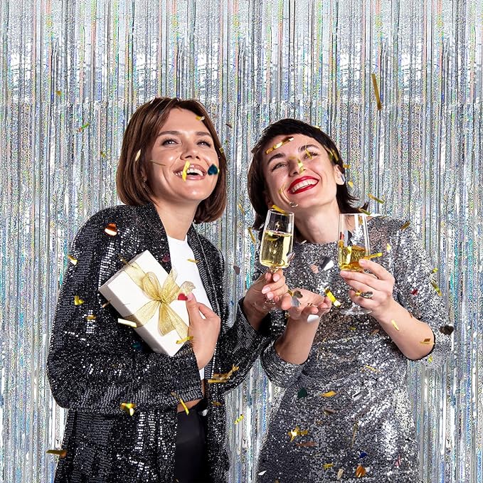 2 Pack Silver Birthday Decorations Silver Streamers Christmas Party Decorations Tinsel Backdrop Party Streamers Foil Fringe Curtains Shimmer Backdrop Bachelorette Wedding Christmas Door Decorations
