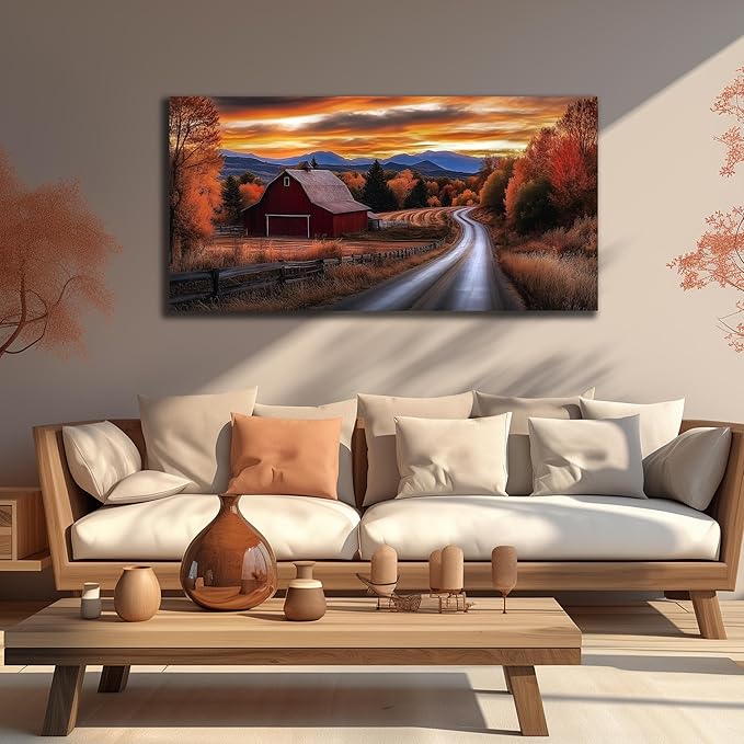 JuhaiArt Fall Wall Decor Red Barn Landscape Wall Art Natural Picture Sunset Scenery Canvas Decor for Living Room Bedroom Rustic Poster 24" x 48"