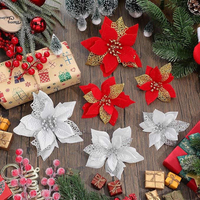 Boao 24 Pieces Christmas Artificial Glitter Poinsettia Flowers Xmas Flowers Wedding Christmas Tree New Year Ornaments(Red and Silver)