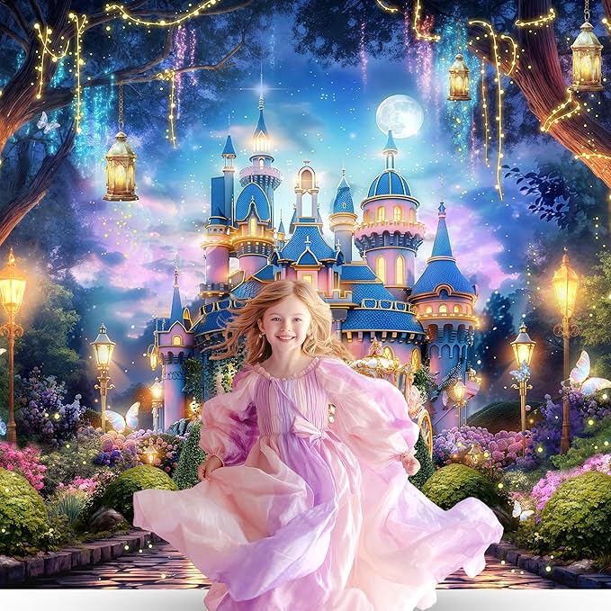 Riyidecor Princess Castle Backdrop Polyester Fabric Garden Floral Vines Trees Lights Starry Night Scenery 7Wx5H Feet Wonderland Photography Background Bridal Shower Wedding Birthday Photo Studio Shoot