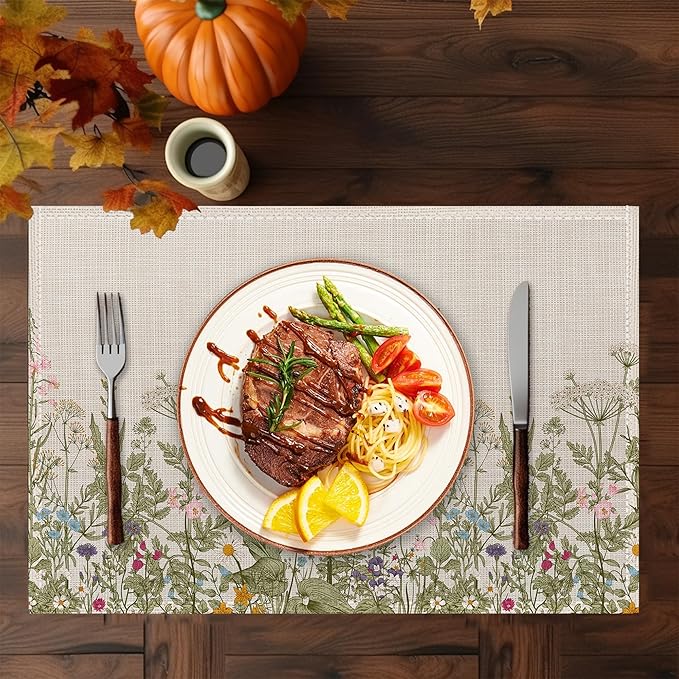 Summer Flower Placemats Set of 6,Washable Heat Resistant 12×18 Inch Linen Table Mats Fall Meadow Herbs Place Mats for Party Outdoor Dining Décor