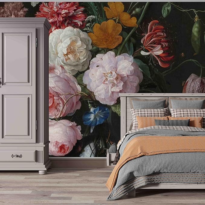 Wall Mural Peel and Stick Vintage Floral Mural- Thick Canvas Waterproof Wallpaper Art for Living Room Bedroom, Large Self-Adhesive Decor (Color-8, 118×82 inch)