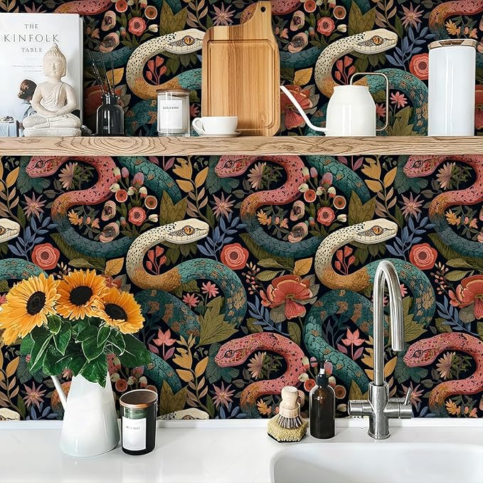 Floral Peel and Stick Modern Animal Wallpaper Whimsical Snake Removable Botanical Leaf 17.7" x 236.22" Wall Paper Watercolor Self Adhesive Contact Paper for Classroom Bedroom laundry room bathroom