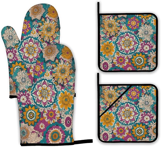 Vintage Mandala Oven Mitts and Pot Holders,Floral Flower Heat Resistant Oven Mitts Gloves and Pot Holder for Home Kitchen Decorations Cooking Baking BBQ Gifts,Set of 4