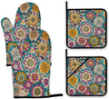 Vintage Mandala Oven Mitts and Pot Holders,Floral Flower Heat Resistant Oven Mitts Gloves and Pot Holder for Home Kitchen Decorations Cooking Baking BBQ Gifts,Set of 4