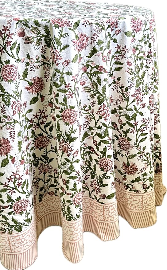 ATOSII Mahoka Rust 100% Cotton Spring Summer Round Block Print Tablecloth for Dining, Parties, Weddings, Outdoors, Holidays I 60" Inches Round, 4 Seater