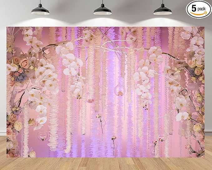6x4ft Pink Floral Orchid Rose Backdrop Wedding Party Decoration Romantic Flower Wall Hanging Drapes Photo Booth Background for Birthday Baby Shower Engagement Anniversary Bridal Shower
