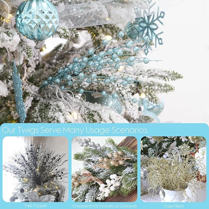 Sea Team 24-Pack Artificial Glitter Berry Stem Ornaments, Decorative Bead Sticks, Glittery Twigs, Picks, Branches for Christmas Tree, Small Vase, Holiday, Wedding, Party (17 Inches, Babyblue)