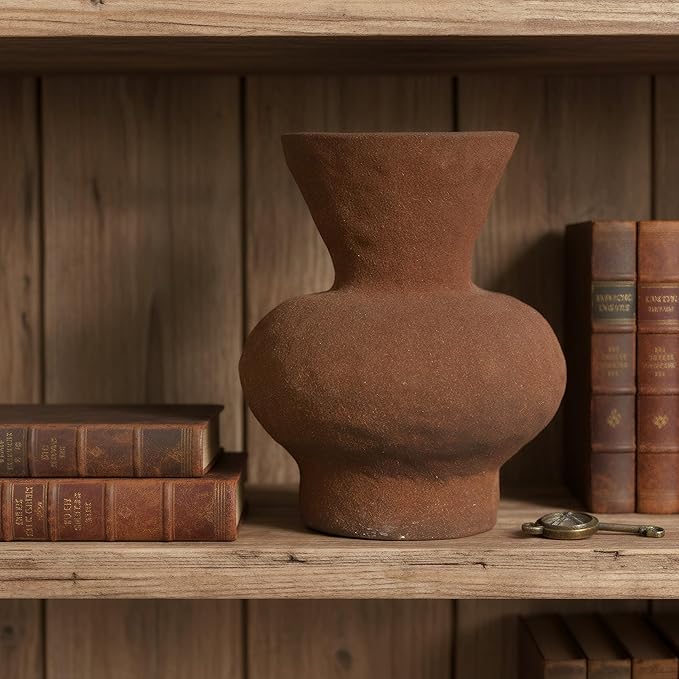 5.5IN Rustic Farmhouse Ceramic Vase Home Decor, Vintage Stoneware Clay Pottery Terracotta Textured for Modern Farmhouse, Living Room, Office Desk Table Shelf,(Brown)