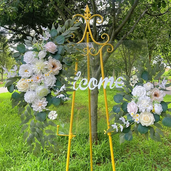 Artificial Arch Flowers Swag Set of 2 for Wedding Welcome Sign Floral Decoration and Reception Backdrop Decoration(Champagne White)