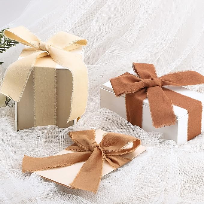 Fall Ribbon Brown 1-1/2 x 15 Yards Handmade Cotton Frayed Fringe Fabric Ribbons for Crafts Flower Bouquets Wedding Baby Shower Home DIY Decor