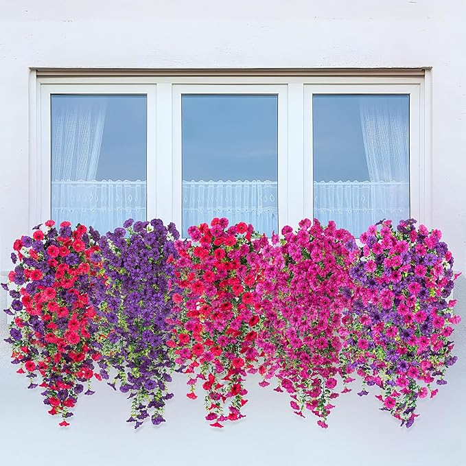 Artificial Hanging Flowers for Outdoor, 2pcs Fake Plants Long Vine Morning Glory Eucalyptus, Spring Summer UV Resistant Realistic Faux Greenery Indoor Outside Patio Porch Garden Decor, Rose Purple