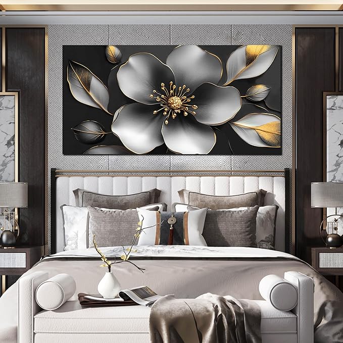 Large Canvas Wall Art for Living Room Bedroom Home Office Grey Metal Color Flower Picture Modern Canvas Prints Framed Wall Decor Size 29x59