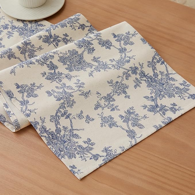 100% Cotton French Pastoral Table Runners, 13x36 Inch Blue Farmhouse Table Runners 36 Inches Long, Vintage Flowers Print Home Decors