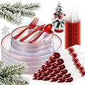 SUT 175 Pcs Red and Clear Plastic Dinnerware Set for 25 Guests, Include: 25 Dinner Plates, 25 Dessert Plates, 25 Pre Rolled Napkins With Silverware, 25 Cups, Disposable Plates for Party, Christmas
