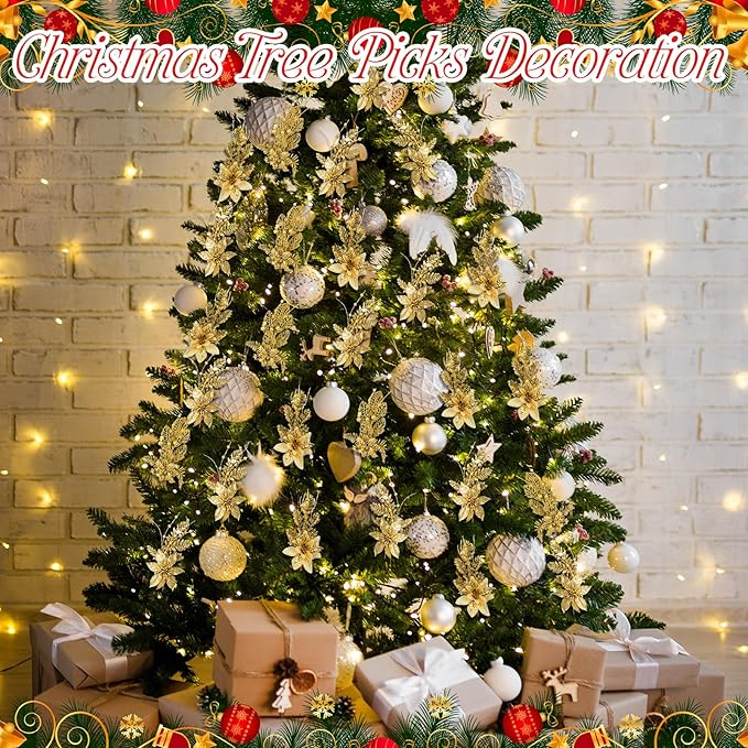 18 Pack 3 Styles 17 Inch Christmas Glitter Poinsettia Berry Stems Ornaments Artificial Floral Branches Picks for Christmas Tree Home Vase Holiday Party Decor(Gold)