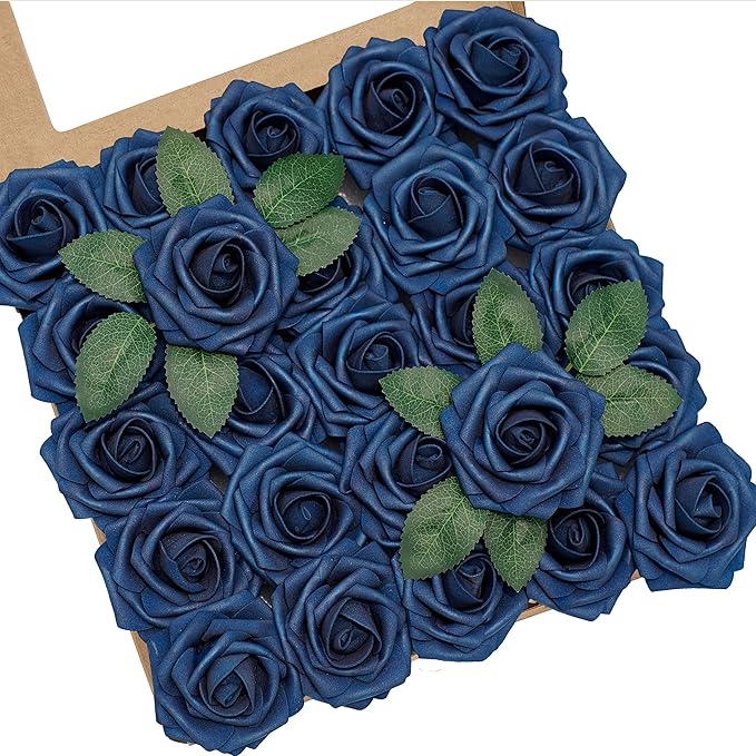 Artificial Flowers, Artificial Rose 25pcs for DIY Wedding Bouquets Centerpieces Arrangements, Navy Blue Foam Roses with Stems for Bridal Shower Party Home Decorations