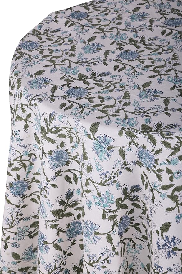 ATOSII Mahoka Blue 100% Cotton Round Tablecloth, Block Print Floral Table Cloth for Dining, Parties, Weddings, Outdoors, Holidays I 72" Inches, 4 Seater I Grandmillennial Farmhouse Boho Summer