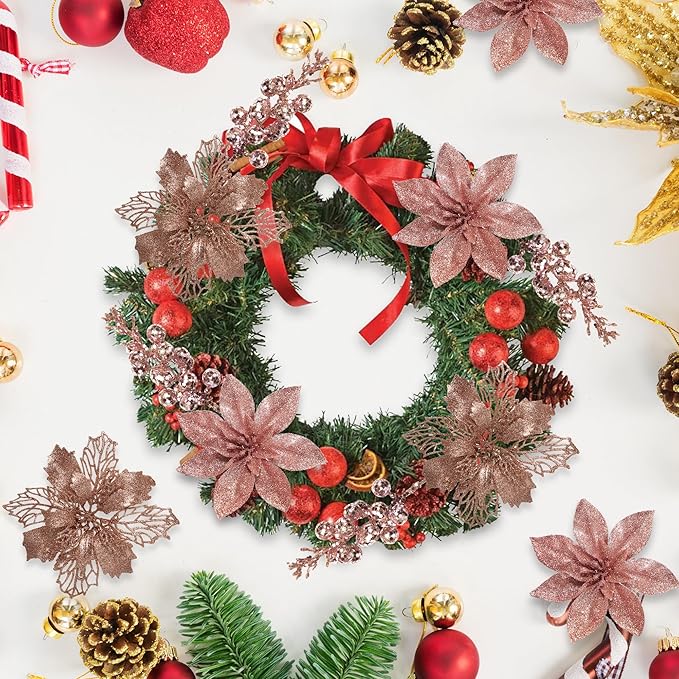 24Pcs Rosegold Glitter Poinsettia Christmas Tree Ornaments and Glitter Berries Stems, 16Pcs Christmas Artificial Flowers and 8 Pack Christmas Tree Picks for Wedding Holiday Decorations