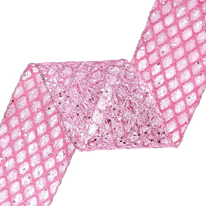 VATIN 4" Pink Christmas Ribbon, Pink Glitter Mesh Diamond Web Sequin Dots Wired Christmas Ribbon for Gift Wrapping Bow Making Wreath Supply-10 Yards
