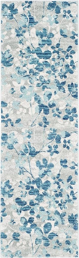 SAFAVIEH Evoke Collection 2'2" x 11' Grey/Light Blue EVK236J Floral Non-Shedding Living Room Bedroom Runner Rug