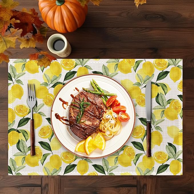 Lemon Placemats Set of 6,Washable Heat Resistant 12×18 Inch Linen Table Mats Yellow Place Mats for Party Outdoor Dining Décor
