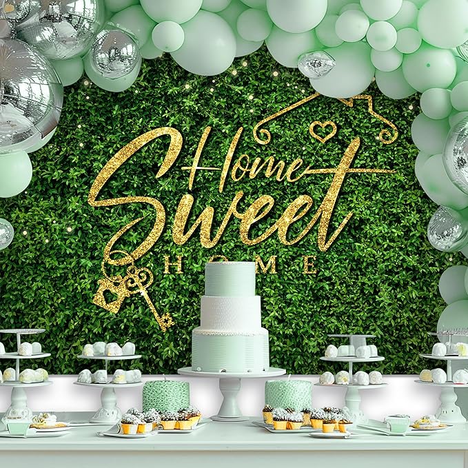 Riyidecor Housewarming Backdrop Polyester Fabric 7Wx5H Feet Green Leaves Sweet Home Grass Leaf Rustic Spring Plant Botanical Nature Photography Background House Warming Party Photo Studio Shoot