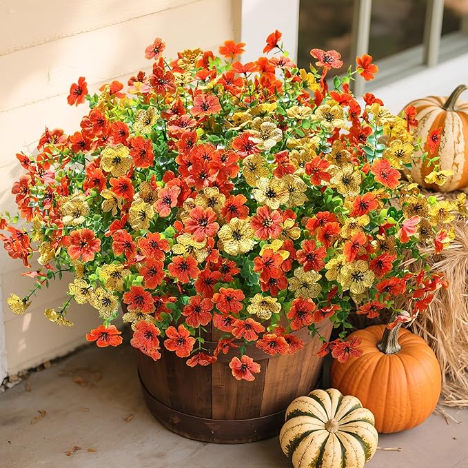 Artificial Fall Flowers Fake Mums for Outdoor Autumn Decoration, 12 Bundles Faux Silk Orange Yellow Mums Daisy Look Real UV Resistant for Outside Home Porch Patio Planter